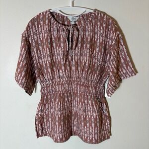 Joie Renae Canyon Rose Multi Ikat Print Tie Neck Smocked Waist Top XS